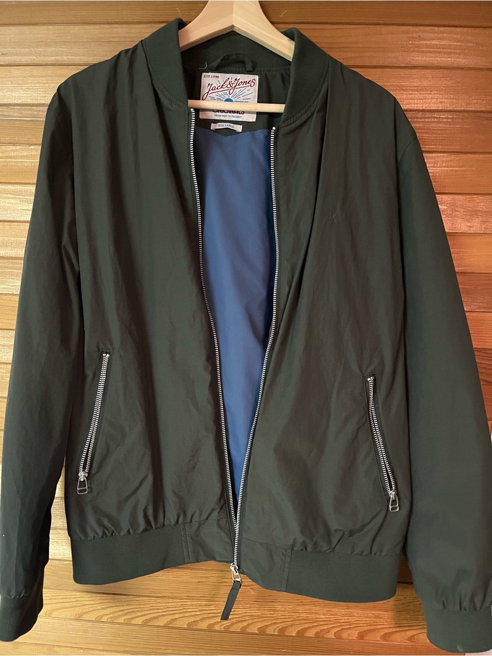 Jack & Jones Olive Green Bomber Jacket with Blue Lining